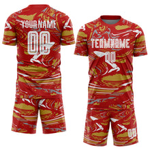 Charger l'image dans la galerie, Custom Figure White Red-Old Gold Fluid Art Splash Sublimation Soccer Uniform Jersey