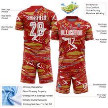 Charger l'image dans la galerie, Custom Figure White Red-Old Gold Fluid Art Splash Sublimation Soccer Uniform Jersey