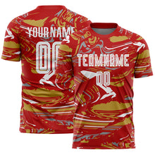 Charger l'image dans la galerie, Custom Figure White Red-Old Gold Fluid Art Splash Sublimation Soccer Uniform Jersey