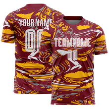 Charger l'image dans la galerie, Custom Figure White Crimson-Gold Fluid Art Splash Sublimation Soccer Uniform Jersey