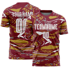 Charger l'image dans la galerie, Custom Figure White Crimson-Old Gold Fluid Art Splash Sublimation Soccer Uniform Jersey