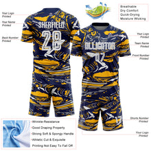 Charger l'image dans la galerie, Custom Figure White Navy-Gold Fluid Art Splash Sublimation Soccer Uniform Jersey