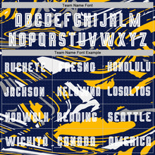 Charger l'image dans la galerie, Custom Figure White Navy-Gold Fluid Art Splash Sublimation Soccer Uniform Jersey