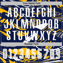 Charger l'image dans la galerie, Custom Figure White Navy-Gold Fluid Art Splash Sublimation Soccer Uniform Jersey