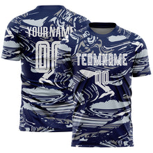 Charger l'image dans la galerie, Custom Figure White Navy-Silver Fluid Art Splash Sublimation Soccer Uniform Jersey