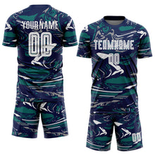 Charger l'image dans la galerie, Custom Figure White Navy-Teal Fluid Art Splash Sublimation Soccer Uniform Jersey