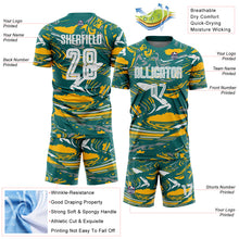 Charger l'image dans la galerie, Custom Figure White Teal-Gold Fluid Art Splash Sublimation Soccer Uniform Jersey