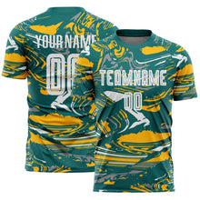Charger l'image dans la galerie, Custom Figure White Teal-Gold Fluid Art Splash Sublimation Soccer Uniform Jersey
