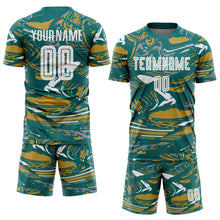 Charger l'image dans la galerie, Custom Figure White Teal-Old Gold Fluid Art Splash Sublimation Soccer Uniform Jersey