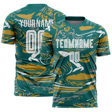 Charger l'image dans la galerie, Custom Figure White Teal-Old Gold Fluid Art Splash Sublimation Soccer Uniform Jersey