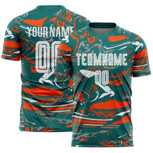 Charger l'image dans la galerie, Custom Figure White Teal-Orange Fluid Art Splash Sublimation Soccer Uniform Jersey