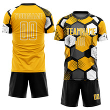 Load image into Gallery viewer, Custom Black Gold-White Geometric Shape Sublimation Soccer Uniform Jersey