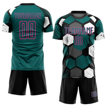 Load image into Gallery viewer, Custom Black Teal White-Pink Geometric Shape Sublimation Soccer Uniform Jersey