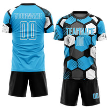 Load image into Gallery viewer, Custom Black Sky Blue-White Geometric Shape Sublimation Soccer Uniform Jersey