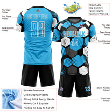 Load image into Gallery viewer, Custom Black Sky Blue-White Geometric Shape Sublimation Soccer Uniform Jersey