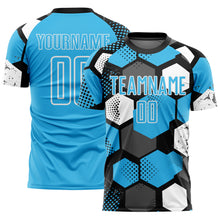 Load image into Gallery viewer, Custom Black Sky Blue-White Geometric Shape Sublimation Soccer Uniform Jersey