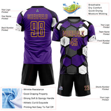 Load image into Gallery viewer, Custom Black Purple White-Yellow Geometric Shape Sublimation Soccer Uniform Jersey