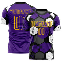 Load image into Gallery viewer, Custom Black Purple White-Yellow Geometric Shape Sublimation Soccer Uniform Jersey