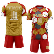Load image into Gallery viewer, Custom Red Old Gold-White Geometric Shape Sublimation Soccer Uniform Jersey