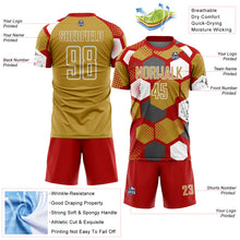 Load image into Gallery viewer, Custom Red Old Gold-White Geometric Shape Sublimation Soccer Uniform Jersey