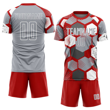 Custom Red Gray-White Geometric Shape Sublimation Soccer Uniform Jersey