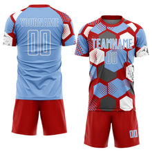 Load image into Gallery viewer, Custom Red Light Blue-White Geometric Shape Sublimation Soccer Uniform Jersey