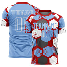 Load image into Gallery viewer, Custom Red Light Blue-White Geometric Shape Sublimation Soccer Uniform Jersey