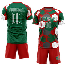 Load image into Gallery viewer, Custom Red Kelly Green-White Geometric Shape Sublimation Soccer Uniform Jersey