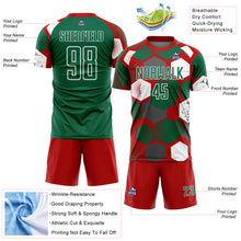 Load image into Gallery viewer, Custom Red Kelly Green-White Geometric Shape Sublimation Soccer Uniform Jersey