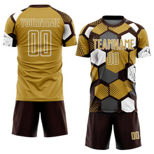 Загрузить изображение в средство просмотра галереи, Custom Brown Old Gold-White Geometric Shape Sublimation Soccer Uniform Jersey