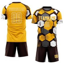 Загрузить изображение в средство просмотра галереи, Custom Brown Gold-White Geometric Shape Sublimation Soccer Uniform Jersey
