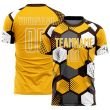 Загрузить изображение в средство просмотра галереи, Custom Brown Gold-White Geometric Shape Sublimation Soccer Uniform Jersey