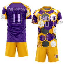 Load image into Gallery viewer, Custom Gold Purple-White Geometric Shape Sublimation Soccer Uniform Jersey