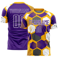 Load image into Gallery viewer, Custom Gold Purple-White Geometric Shape Sublimation Soccer Uniform Jersey