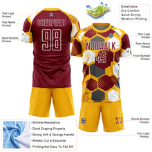 Load image into Gallery viewer, Custom Gold Crimson-White Geometric Shape Sublimation Soccer Uniform Jersey