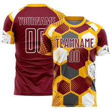 Load image into Gallery viewer, Custom Gold Crimson-White Geometric Shape Sublimation Soccer Uniform Jersey