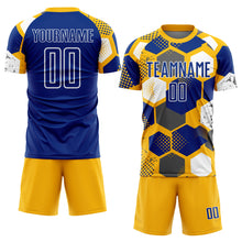 Load image into Gallery viewer, Custom Gold Royal-White Geometric Shape Sublimation Soccer Uniform Jersey