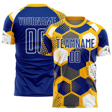 Load image into Gallery viewer, Custom Gold Royal-White Geometric Shape Sublimation Soccer Uniform Jersey