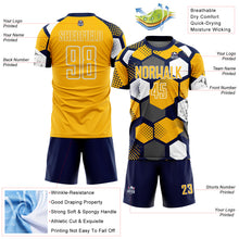 Laden Sie das Bild in den Galerie-Viewer, Custom Navy Gold-White Geometric Shape Sublimation Soccer Uniform Jersey