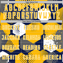 Laden Sie das Bild in den Galerie-Viewer, Custom Navy Gold-White Geometric Shape Sublimation Soccer Uniform Jersey
