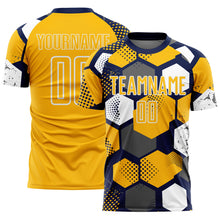 Laden Sie das Bild in den Galerie-Viewer, Custom Navy Gold-White Geometric Shape Sublimation Soccer Uniform Jersey