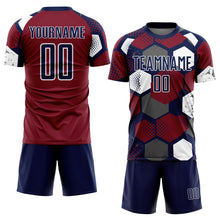 Laden Sie das Bild in den Galerie-Viewer, Custom Navy Crimson-White Geometric Shape Sublimation Soccer Uniform Jersey