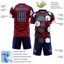 Laden Sie das Bild in den Galerie-Viewer, Custom Navy Crimson-White Geometric Shape Sublimation Soccer Uniform Jersey