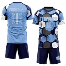 Laden Sie das Bild in den Galerie-Viewer, Custom Navy Light Blue-White Geometric Shape Sublimation Soccer Uniform Jersey