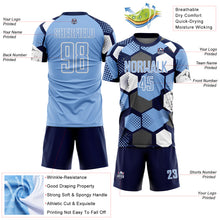 Laden Sie das Bild in den Galerie-Viewer, Custom Navy Light Blue-White Geometric Shape Sublimation Soccer Uniform Jersey