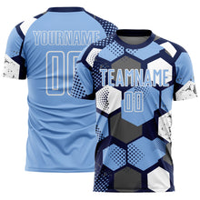 Laden Sie das Bild in den Galerie-Viewer, Custom Navy Light Blue-White Geometric Shape Sublimation Soccer Uniform Jersey