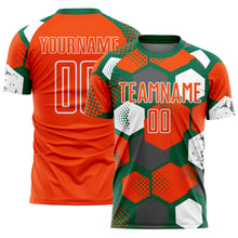 Laden Sie das Bild in den Galerie-Viewer, Custom Kelly Green Orange-White Geometric Shape Sublimation Soccer Uniform Jersey