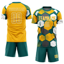 Load image into Gallery viewer, Custom Teal Gold-White Geometric Shape Sublimation Soccer Uniform Jersey