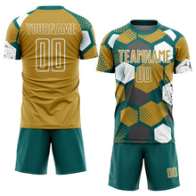 Load image into Gallery viewer, Custom Teal Old Gold-White Geometric Shape Sublimation Soccer Uniform Jersey