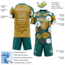 Load image into Gallery viewer, Custom Teal Old Gold-White Geometric Shape Sublimation Soccer Uniform Jersey